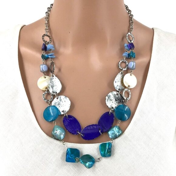 Ruby Rd Necklace Tier Style Silver tone Blue Beaded Adjustable Length - Picture 1 of 2